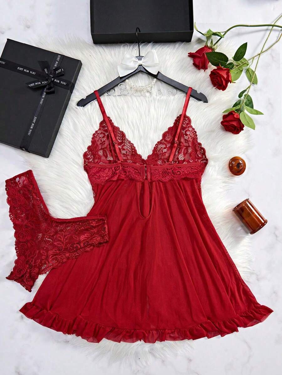 Women's Open Crotch Lace Decorated Backless Halter Neck Sexy Bodysuit With Ruffle Trim