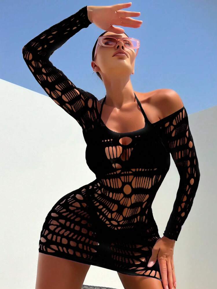 Swim SXY Summer Beach Women's Off Shoulder Long Sleeve Hollow Out Cover Up Dress