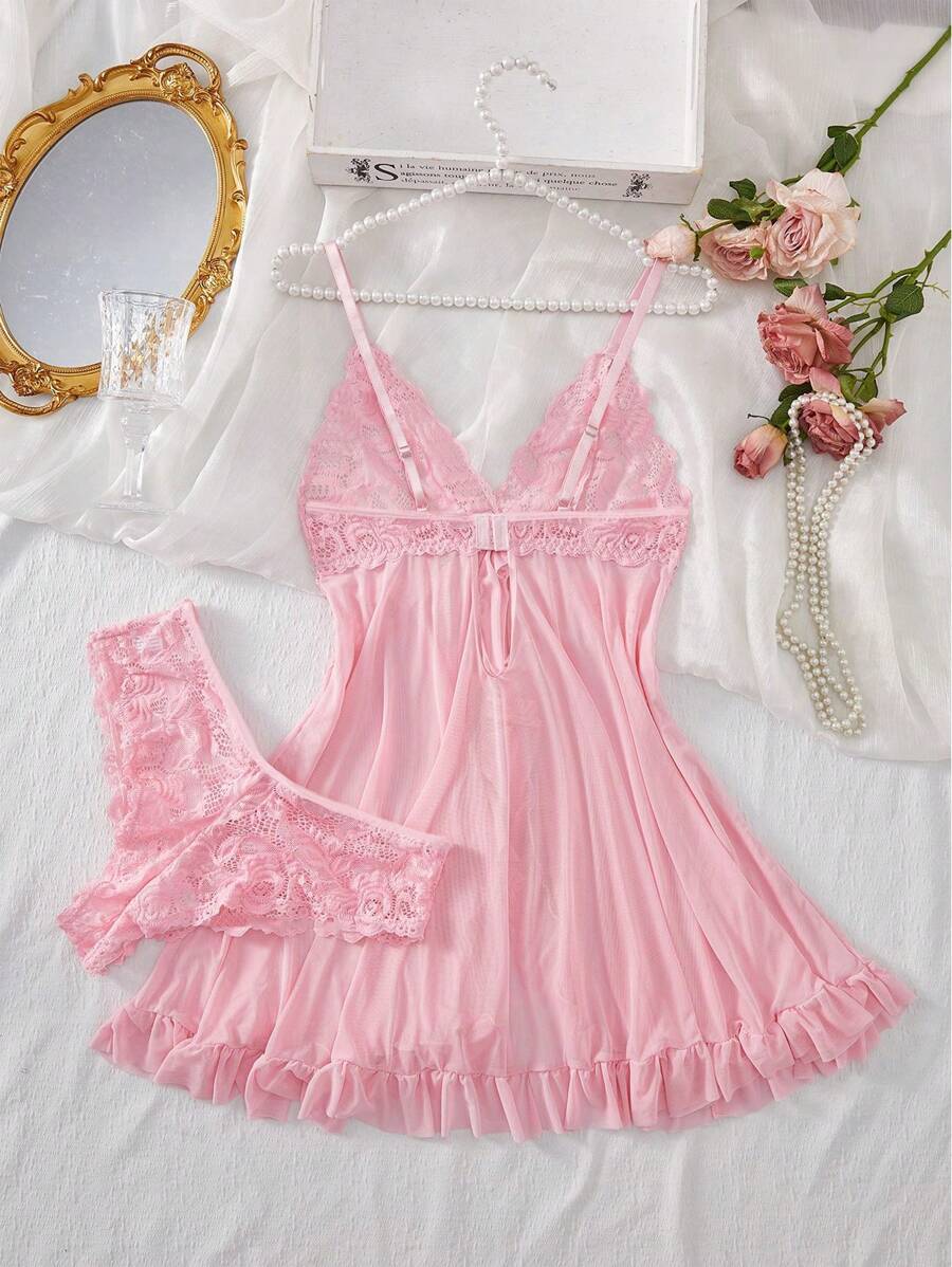Women's Open Crotch Lace Decorated Backless Halter Neck Sexy Bodysuit With Ruffle Trim