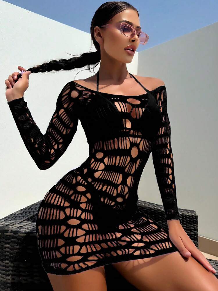 Swim SXY Summer Beach Women's Off Shoulder Long Sleeve Hollow Out Cover Up Dress